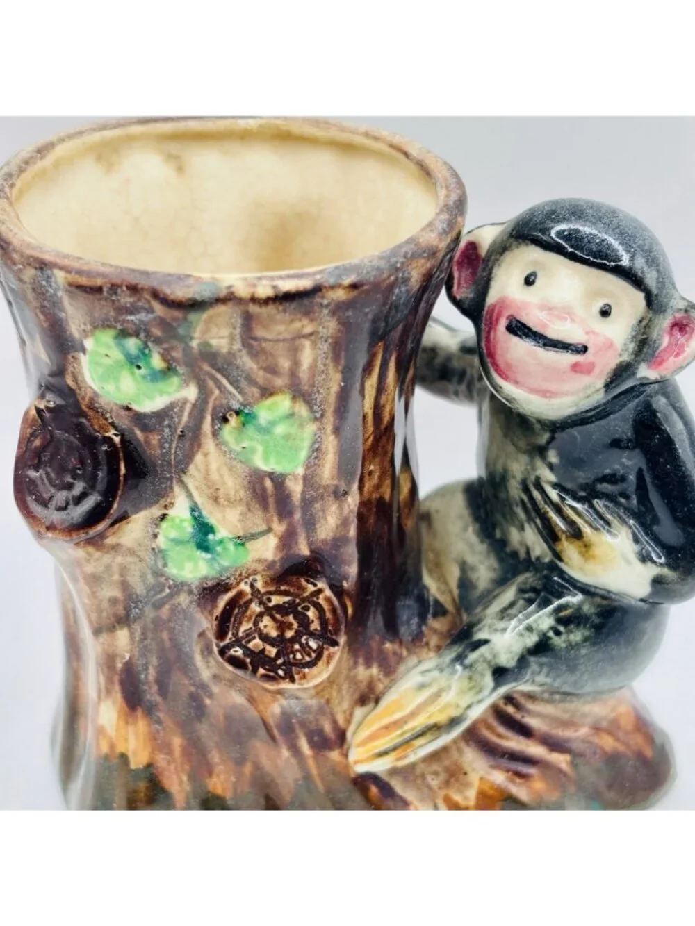 Vintage Porcelain Figurine Planter, Cute Monkey on Brown Tree Stump. RARE!